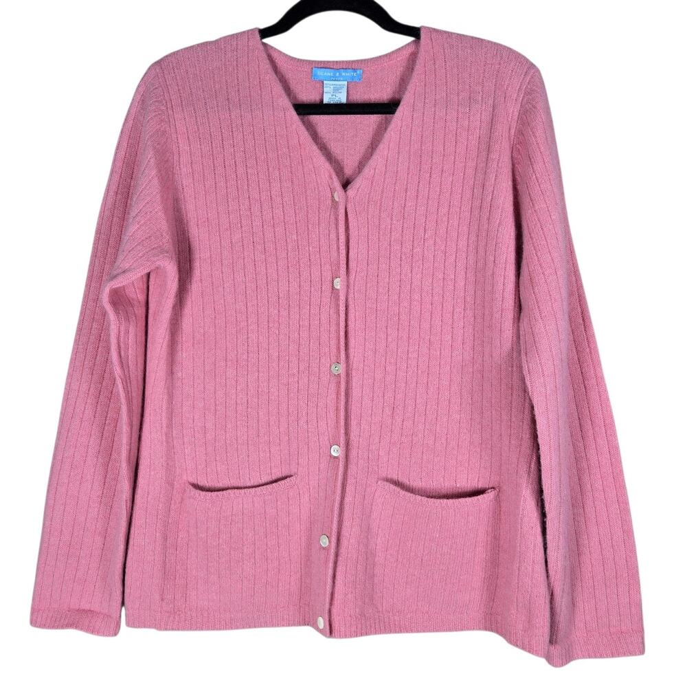 Deane & White Sweater Womens Petite Large Pink Lambswool Angora Cardigan Pockets